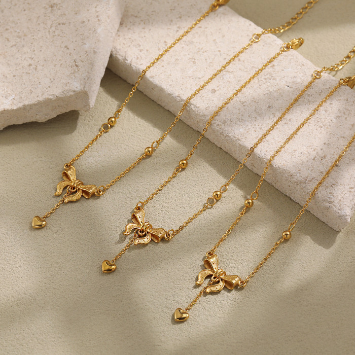 Korean Style INS Fashion New Bowknot Heart Titanium Steel Anklet for Women Elegant High-end Gold Plated Foot Jewelry