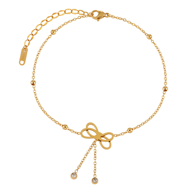 Korean Style Fresh Sweet Simple Bowknot Tassel Rhinestone Anklet for Women Fashionable Personality Gold-Plated Titanium Steel Foot Jewelry