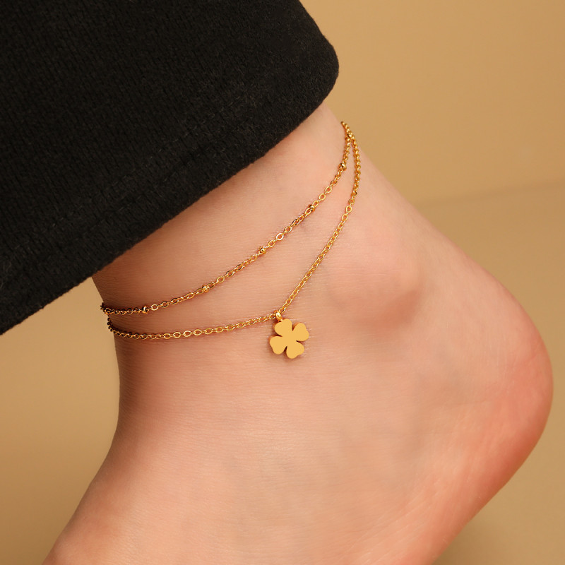 Fashion Double Layer Four Heart Combination Four Leaf Clover Anklet for Women Niche Korean Style Ins Style Simple Titanium Steel Foot Jewelry