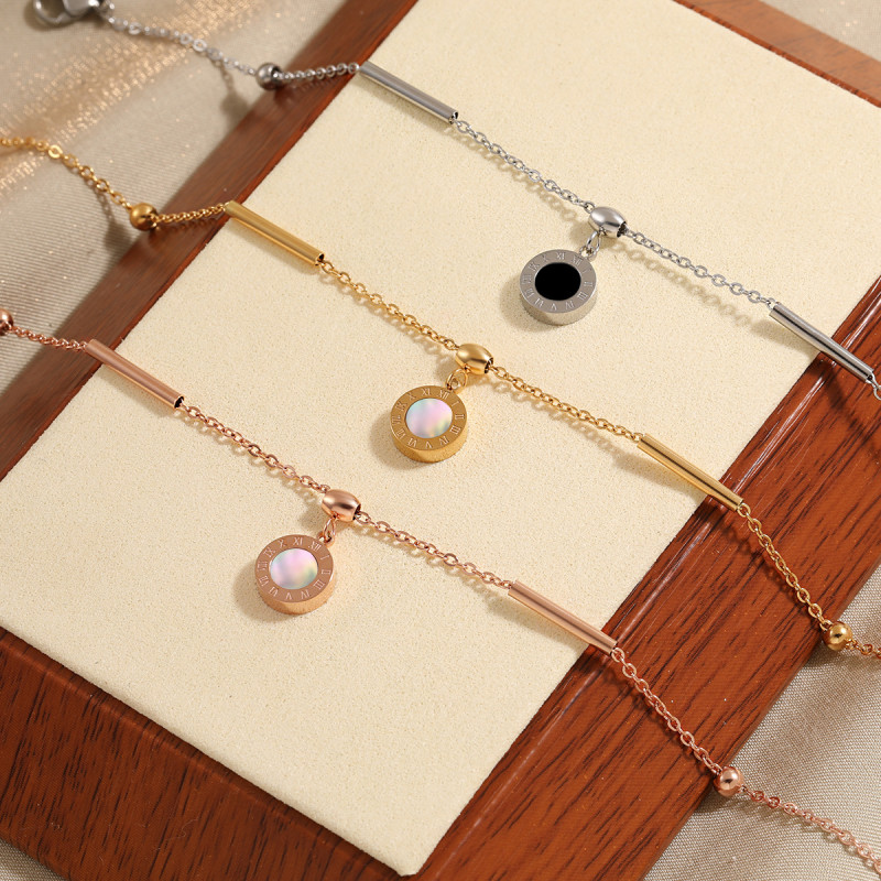 Korean Style New Double-Sided Roman Numeral White Shell Resin Anklet for Women Fashionable Personality Gold-Plated Titanium Steel Foot Jewelry