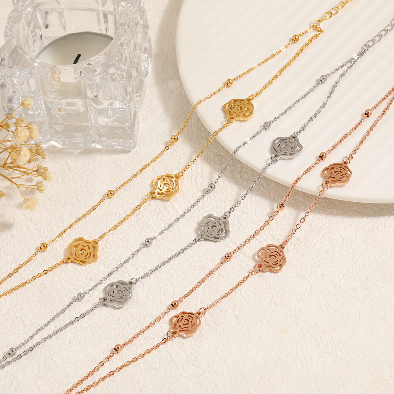 Korean Style Ins Simple Elegant Stainless Steel Double Layer Bead Rose Flower Anklet Fashion Niche Titanium Steel Foot Jewelry