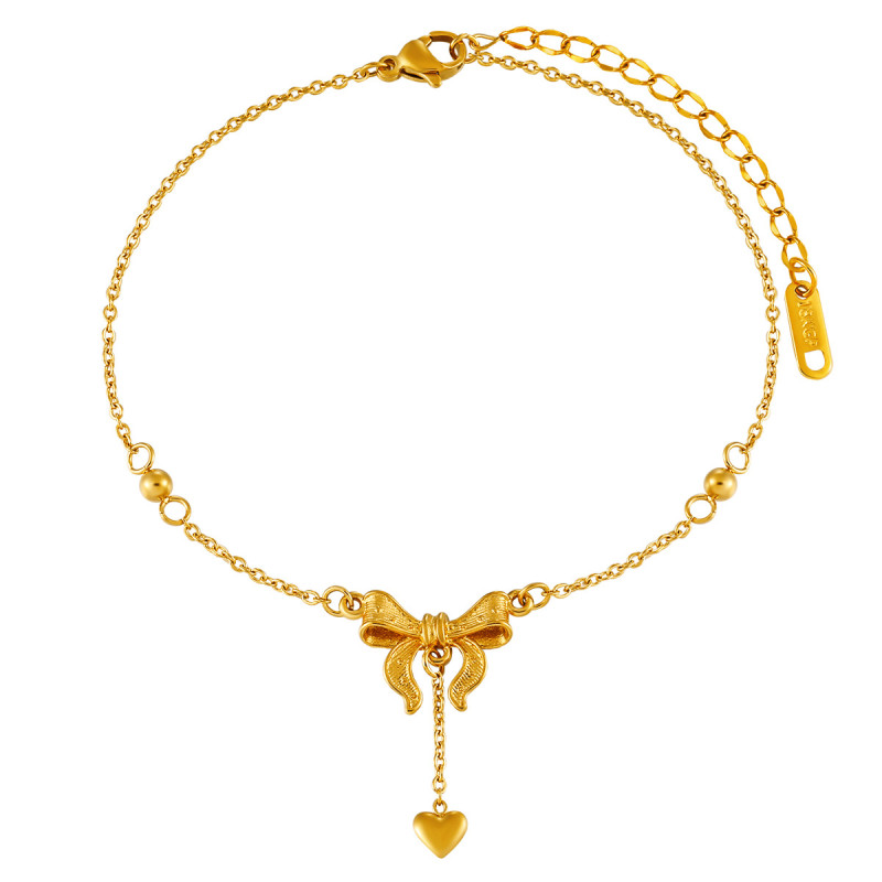 Korean Style INS Fashion New Bowknot Heart Titanium Steel Anklet for Women Elegant High-end Gold-plated Foot Jewelry