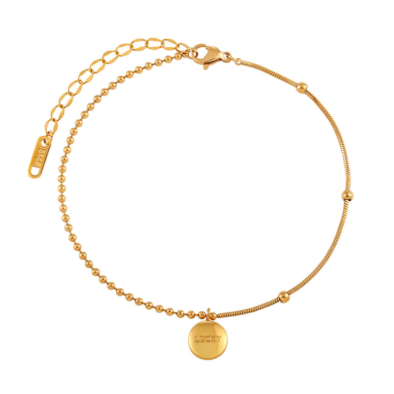 Korean Style New Niche Lucky Bead LUCKY Anklet for Women Fashionable Personality Gold-Plated Titanium Steel Foot Jewelry