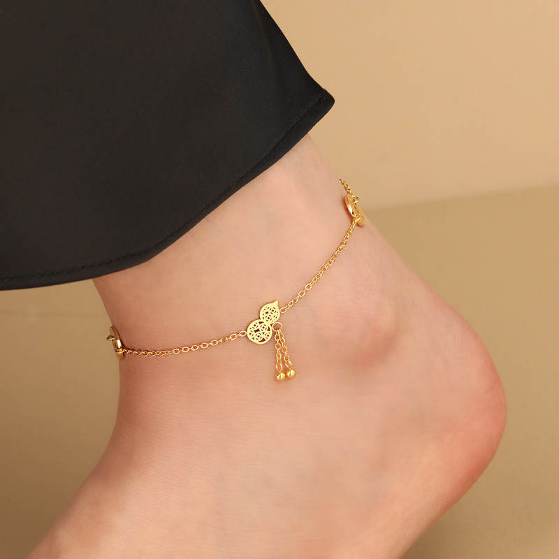New Design Wealth-Attracting Lucky Tassel Gourd Anklet for Women, Ins Style Titanium Steel Electroplated PVD Gold Foot Jewelry