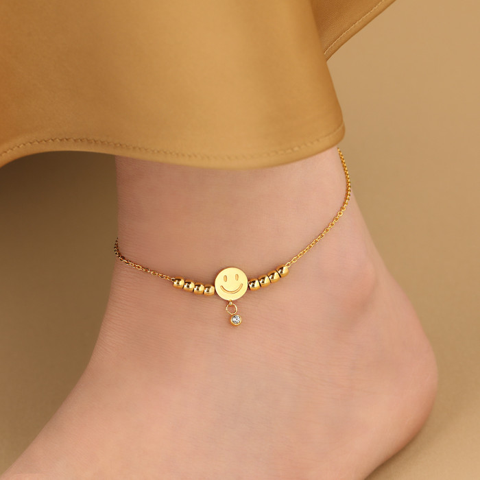 Korean Style Ins Small Beaded Smiley Face Light Bead Anklet for Women Summer Beach Fashion Essential Accessory Foot J...