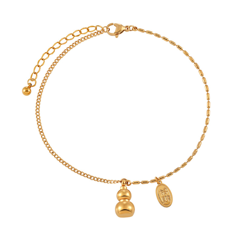 National Trend New Chinese Style Ethnic Style Rice Bead AB Chain Lucky Gourd Anklet for Women Fashionable Personality Gold-Plated Titanium Steel Foot Jewelry