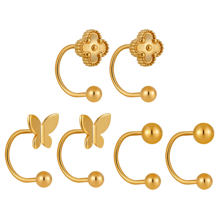 Korean Style Ins Wind Sleep Without Removing Small Butterfly Round Ball Earrings Titanium Steel Screw Twist Four-Leaf Clover Ear Stud