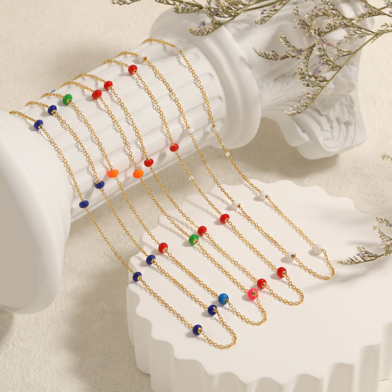 Bohemian Retro New Niche Style Epoxy Colorful Beaded Necklace for Women Fashionable Personality Titanium Steel Collarbone Chain
