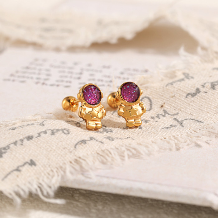 Korean Style Simple Ins Cute Cartoon Astronaut Ear Bone Stud Fashionable Personality Gold Plated Titanium Steel Earrings
