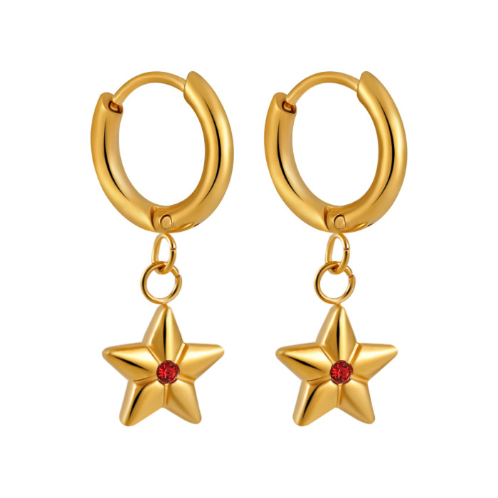Hot Selling Ins Colorful Zircon Five-Pointed Star Earrings Plated 24K Real Gold Fashion Stainless Steel Earrings Acce...