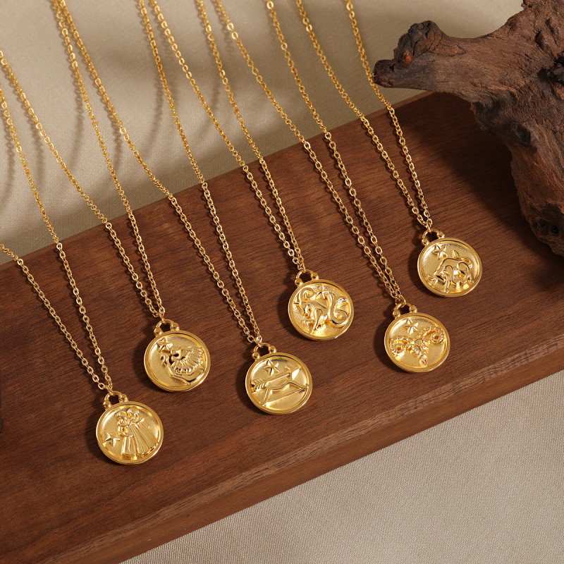 European and American Cross-Border Hot-Selling New 12 Zodiac Necklace Electroplated 24K Gold Clavicle Chain Fashionable Personalized Titanium Steel Jewelry