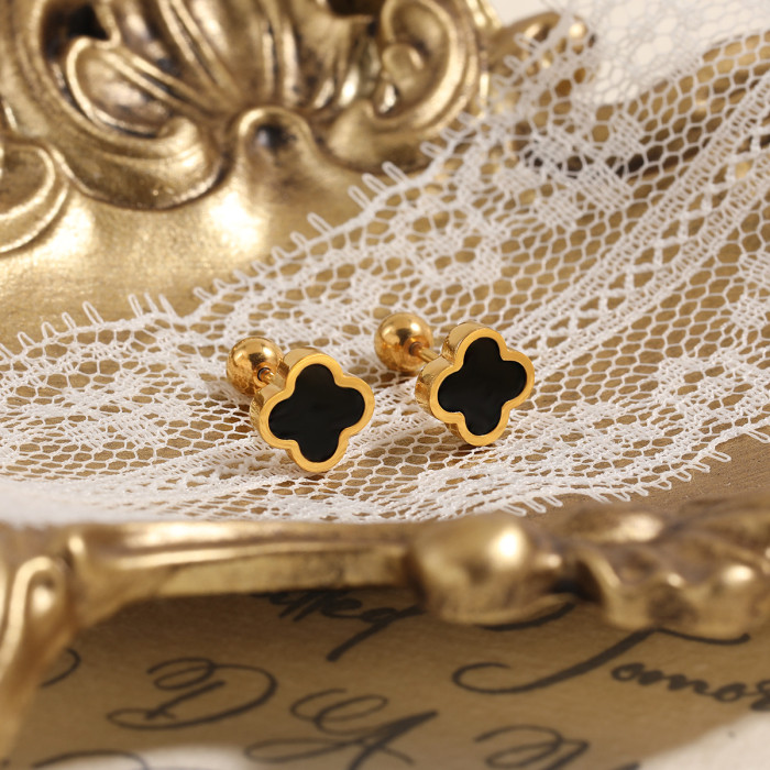 Fashionable Light Luxury Niche Style Resin Mini Four-Leaf Clover Ear Bone Studs for Women Korean Style High-End Titanium Steel Earrings