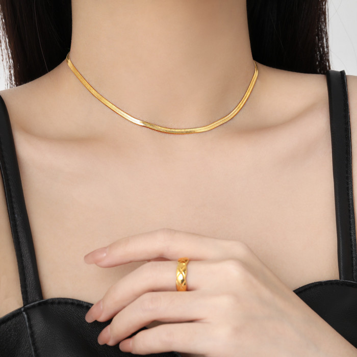 Fashion Simple Flat Snake Bone Chain Bare Chain Necklace for Women, Unique and Versatile Gold Plated Titanium Steel C...