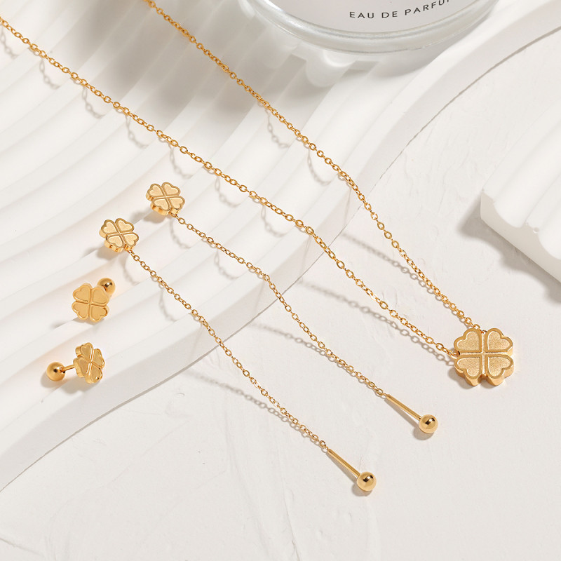 Japanese and Korean Light Luxury Simple Fashion Versatile Double-Sided Heart Four-Leaf Clover Necklace Earrings Ear Thread Titanium Steel Jewelry Set for Women