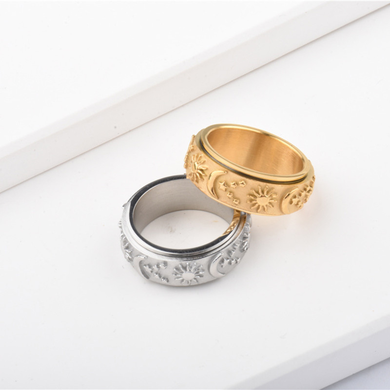 New European and American Style Sun Moon Star Embossed Ring for Men and Women, Ins Style Versatile Temperament Stress Relief Titanium Steel Ring