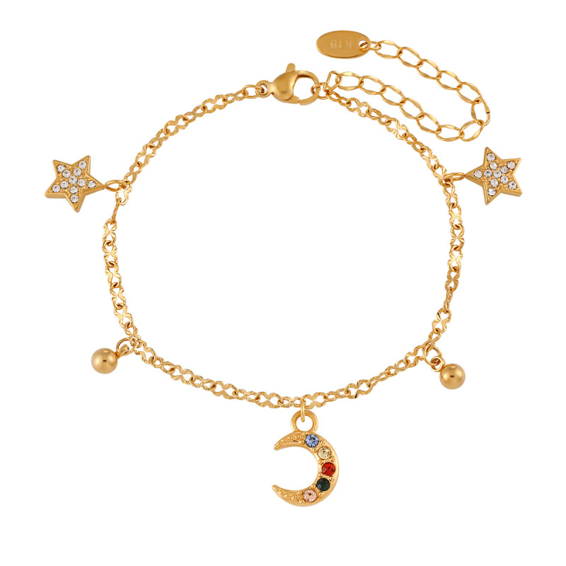 Korean Style Ins Niche Design Sense Star Moon Colorful Zircon Titanium Steel Bracelet Fashionable Personality Versatile Gold-plated Hand Jewelry