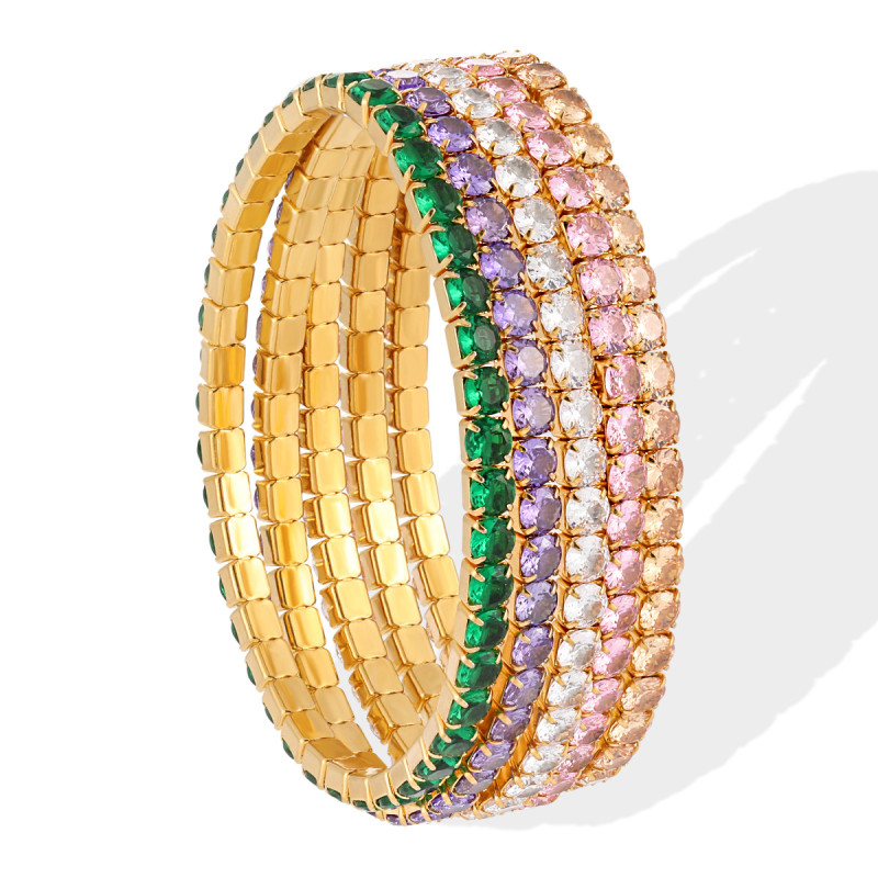 European and American Cross-Border Titanium Steel Multicolor Zircon Full Diamond Elastic Cord Bracelet for Women with Four-Corner Clasp Niche Light Luxury Jewelry Wholesale