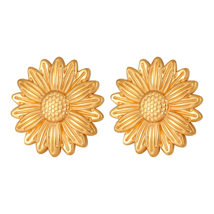 Light Luxury Fashionable Retro Sunflower Titanium Steel Earrings for Women, Niche Design, Unique and Versatile, Elega...