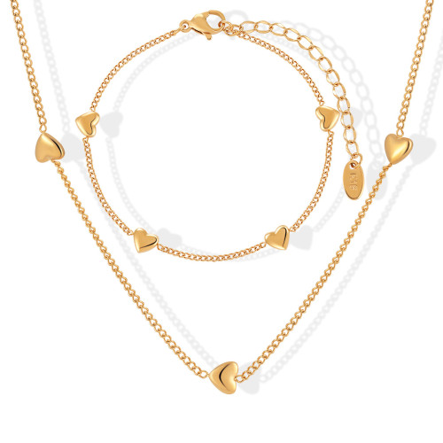 Cross-Border Wholesale Korean Sweet Style Heart Necklace Women's Love Titanium Steel Bracelet Gold-Plated Niche Jewelry Set