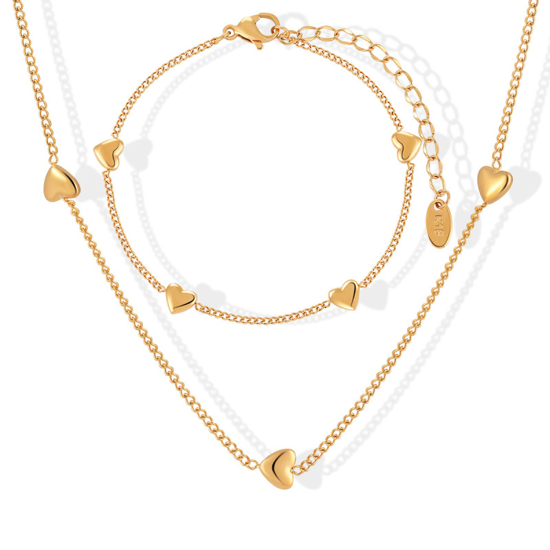 Cross-Border Wholesale Korean Sweet Style Heart Necklace Women's Love Titanium Steel Bracelet Gold-Plated Niche Jewelry Set