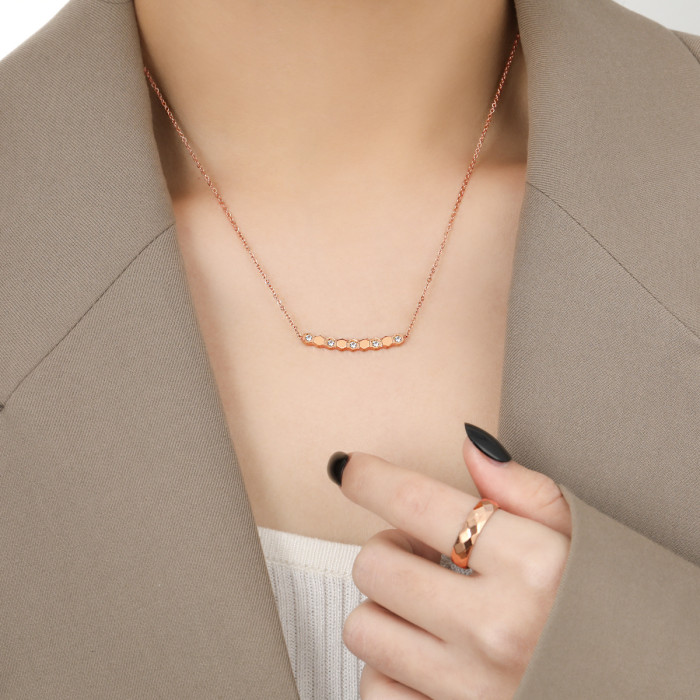 Korean Style INS New Geometric Hexagon Honeycomb Stone-Inlaid Necklace Light Luxury Fashion Gold Plated Titanium St...