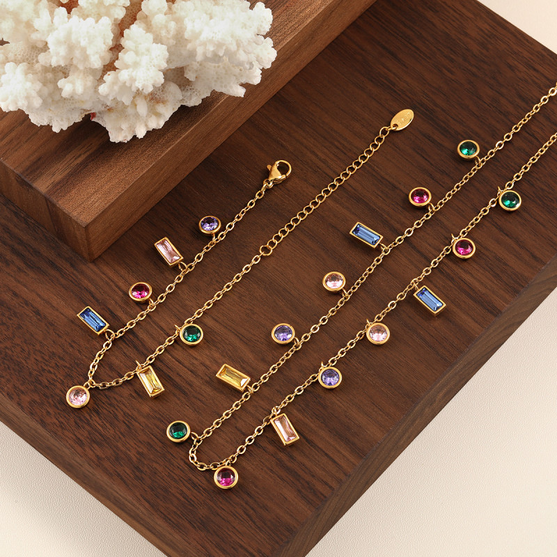 Light Luxury INS Style Non-Fading Multiple Colorful Zircon Jewelry Set Tassel Necklace Niche Design Titanium Steel Bracelet