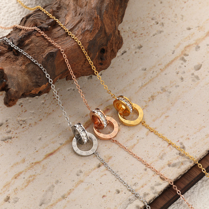 Korean Style Personality New Luxury Roman Numeral Double Ring Necklace for Women Fashion Simple Gold-Plated Titanium Steel Collarbone Chain