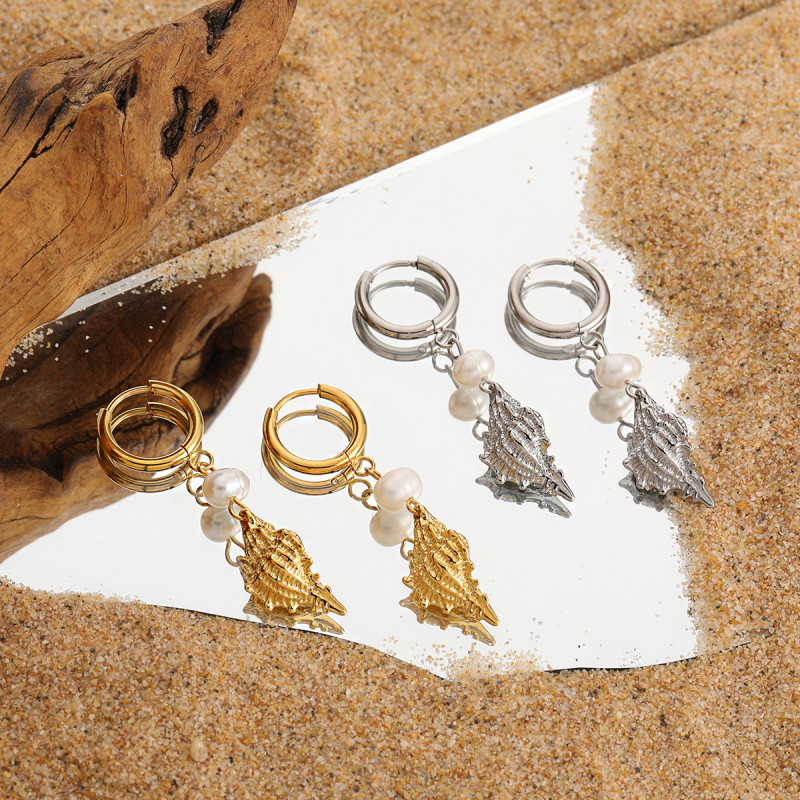 European and American Summer New Ins Style Ocean Series Conch Earrings Hoop Earrings for Women Stainless Steel PVD Gold Plated Jewelry
