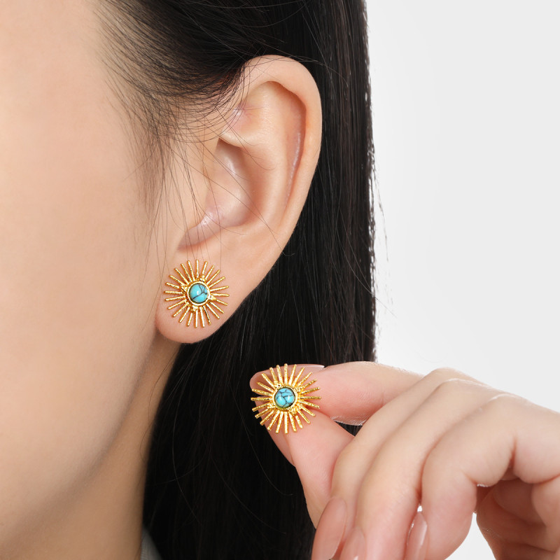 Cross-Border Hot Selling European and American INS Style Sunflower Turquoise Earrings Fashionable Personality Elegant High-End Titanium Steel Ear Jewelry