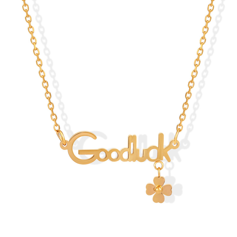 Korean Version Ins Niche Minimalist Light Luxury Goodluck Letter Small Flower Four-leaf Clover Titanium Steel Necklace Women Collarbone Choker