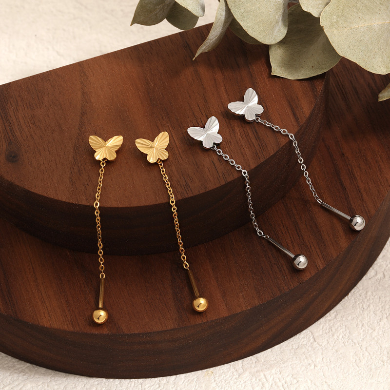 Korean Style Niche Design New High-end Laser Butterfly Threader Earrings for Women Fashionable Personality Versatile Titanium Steel Ear Jewelry