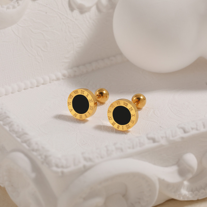 European and American Cross-Border Light Luxury Niche Black Roman Numeral Resin Ear Bone Stud Fashionable Personality High-End Titanium Steel Earrings