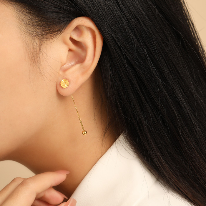 Korean Style Simple Laser Surface Small Round Plate Ear Thread Ins Style Fashion Personality Temperament Versatile Gold-Plated Titanium Steel Earrings
