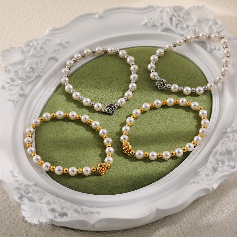 New Chinese Style National Trend Titanium Steel Round Ball Camellia Bracelet for Women Ins Fashion Elastic Cord Beaded Jewelry