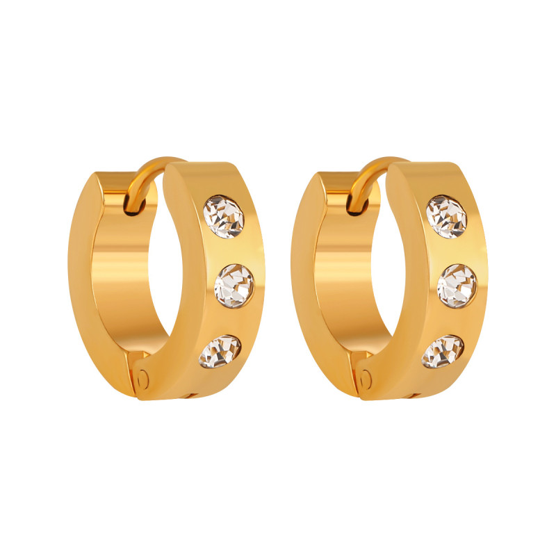 Fashion New Simple Niche Light Luxury Three-Diamond Earrings for Women, Versatile Gold-Plated Inlaid Titanium Steel High-End Ear Clips