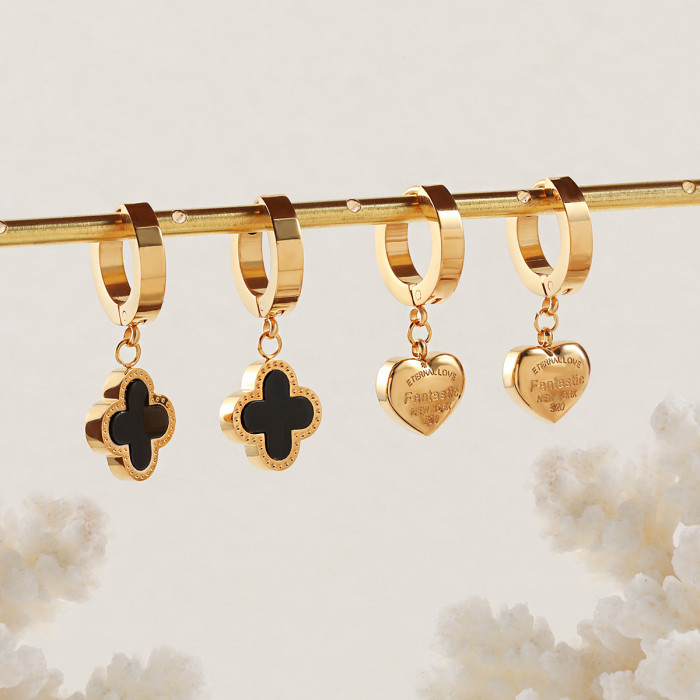 Korean Style Ins New Niche Double-Sided Four-Leaf Clover Heart-Shaped Earrings Fashionable Personality Versatile Titanium Steel Earrings