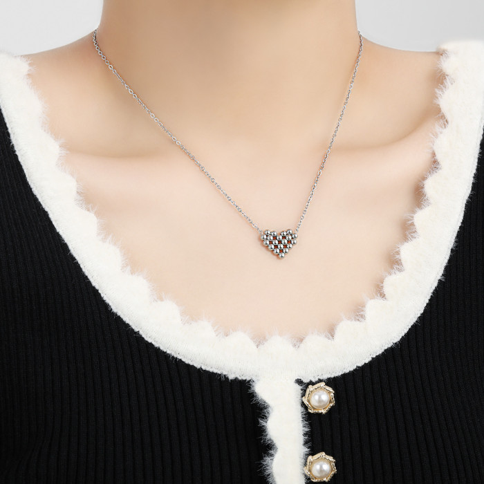 Korean Style Personality Trend Niche Popular Patchwork Heart Beads Titanium Steel Gold-Plated Necklace Earrings Jewelry Set Wholesale