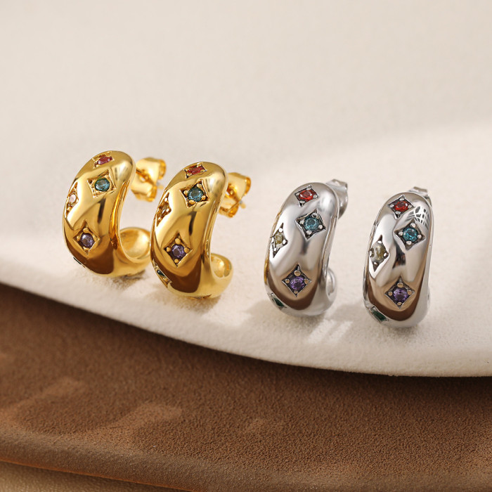 New INS Style Light Luxury Retro Colorful Zircon Earrings for Women High-end Gold Plated Fashion Stud Earrings Titani...