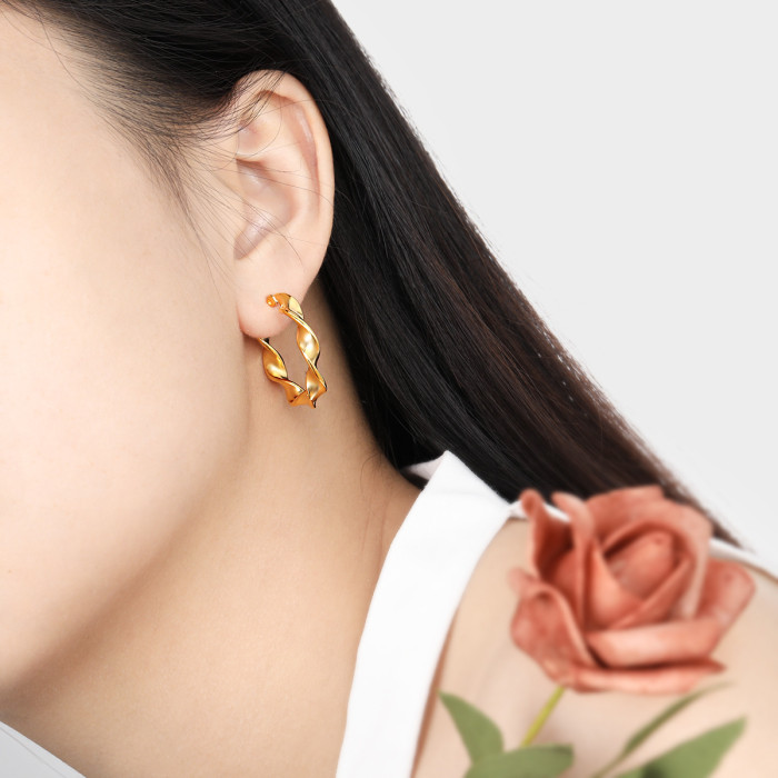 Korean INS New Niche Fashion Twisted Braided Wave Earrings for Women, Unique Gold Plated High-End Titanium Steel Ear...
