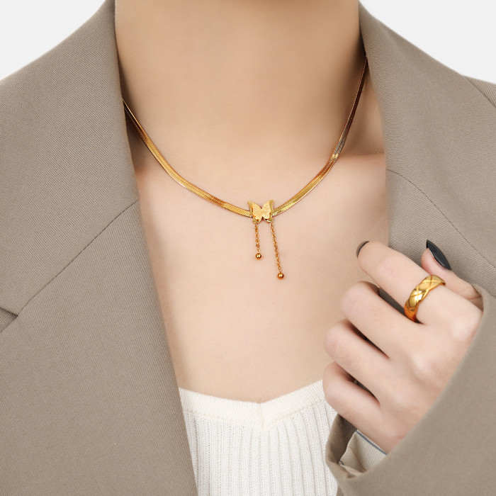 Korean Style Ins Niche Sweet Snake Bone Matte Butterfly Necklace Women Fashion Personality Gold-Plated Anklet Set Jewelry