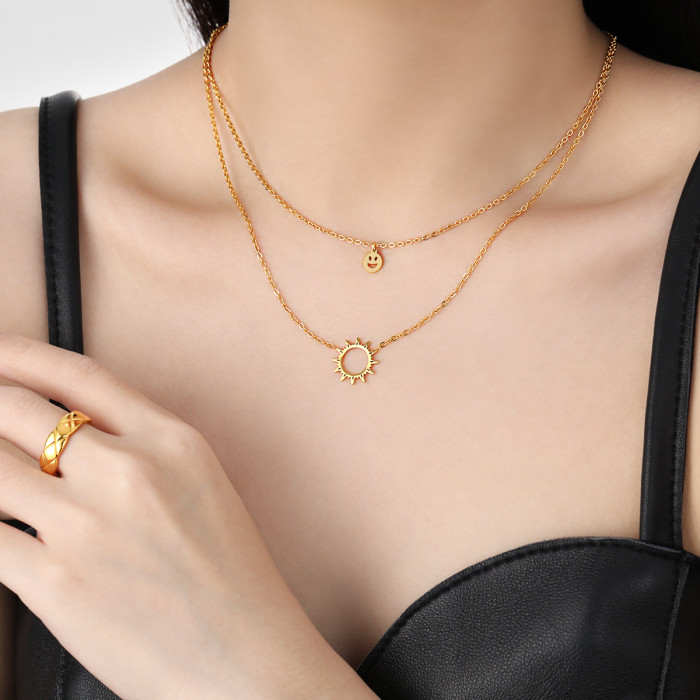 European and American Niche Design Double Layer Stacked Sun Series Smiley Face Pendant Necklace Fashion Titanium Steel Clavicle Chain