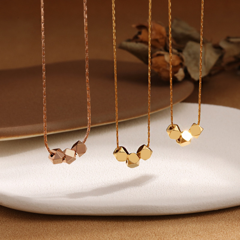 Korean Style Simple Three-Diamond Bead Cut Square Necklace Ins Irregular Titanium Steel PVD Gold Plated Collarbone Chain