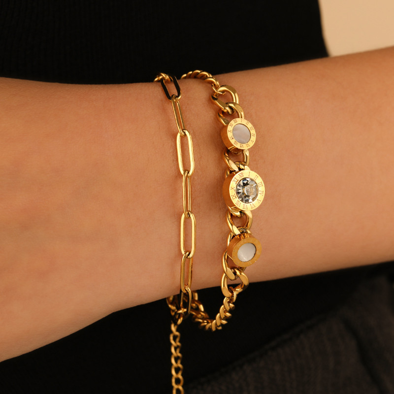 European and American Cross-Border Fashion Personality Double-Layer White Shell Roman Numeral Inlaid Diamond Bracelet for Women Stainless Steel NK Chain Hand Jewelry