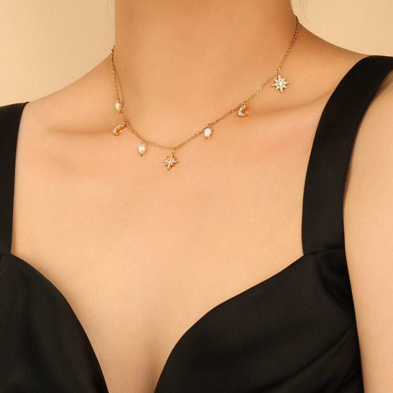 European and American INS Style Eight-Pointed Star Moon Multi-Accessory Freshwater Pearl Necklace for Women with Stone Inlay Fashion Titanium Steel Collarbone Chain
