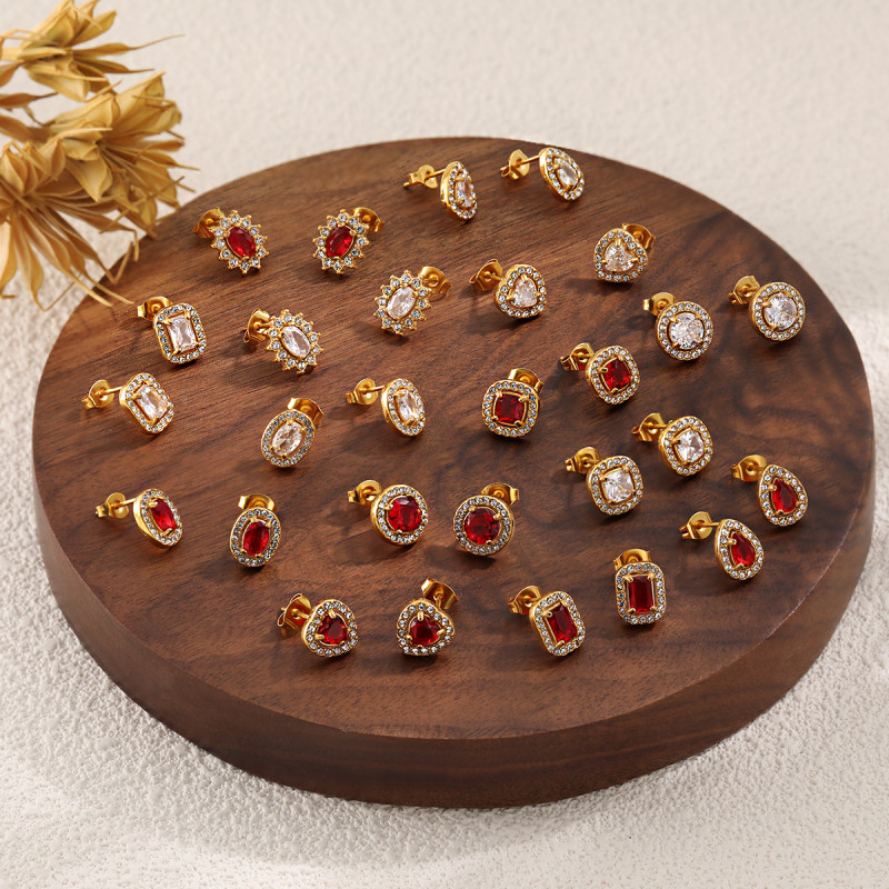 European and American Retro Handmade Inlaid Ruby Stud Earrings for Women, Ins Style, Light Luxury, Exquisite Stainless Steel 18K Real Gold Earrings