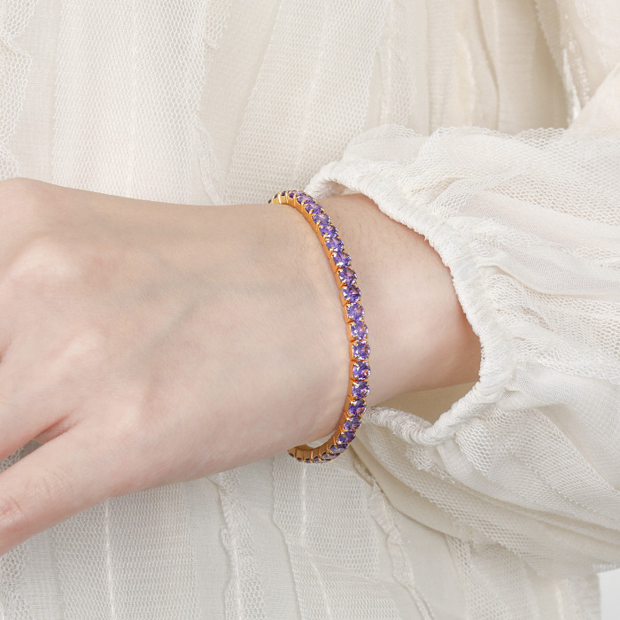 Titanium Steel Multicolor Zircon Fully Stone-Set Elastic Cord Bracelet for Women with Four-Corner Clasp Niche Light Luxu...