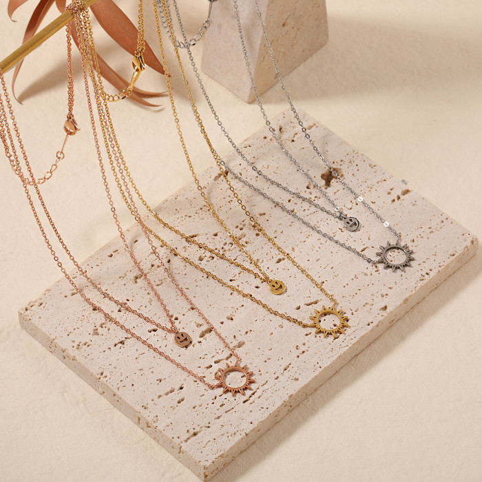European and American Niche Design Double Layer Stacked Sun Series Smiley Face Pendant Necklace Fashion Titanium Steel Clavicle Chain