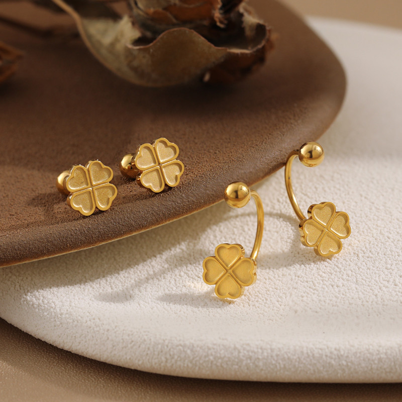 Trendy Fashion Four-Leaf Clover Earrings Korean Style Ins Style Simple Small Heart Screw Titanium Steel Ear Bone Stud Earrings