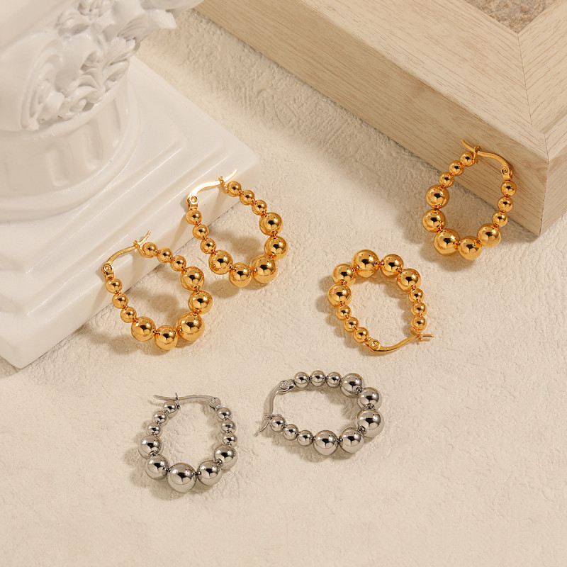 Korean Style Simple Niche Elegant Small and Large Round Bead Splicing Design Earrings Fashionable Personality Gold-Plated Titanium Steel Ear Jewelry