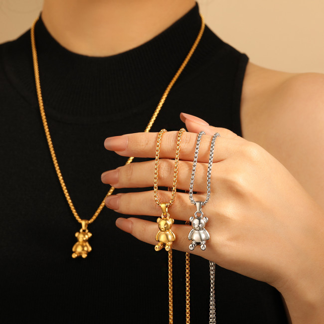 New Cartoon Cute Bear Pendant Sweater Chain Korean Ins Style fashion Niche Personality casual Titanium Steel Necklace